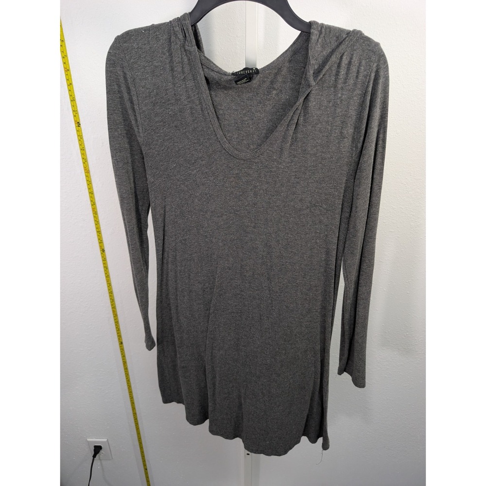 Forever 21 Womens Charcoal Gray Hooded Long Sleeve Tunic Top V-Neck Size Medium